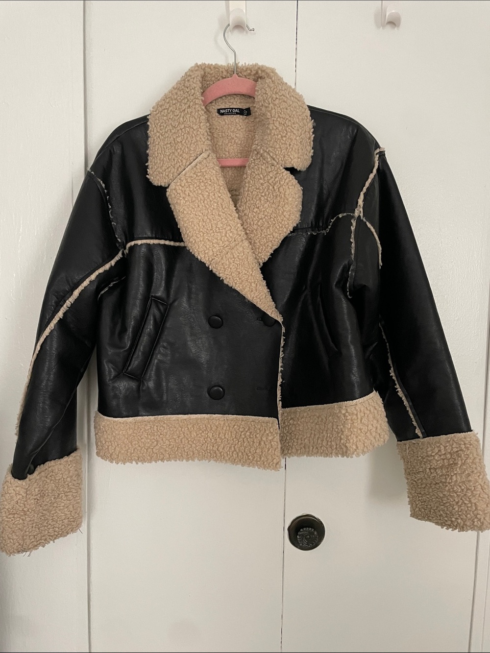 Women’s Nasty Gal Black Faux Leather Teddy Jacket with Tan Sherpa Trim Size 6